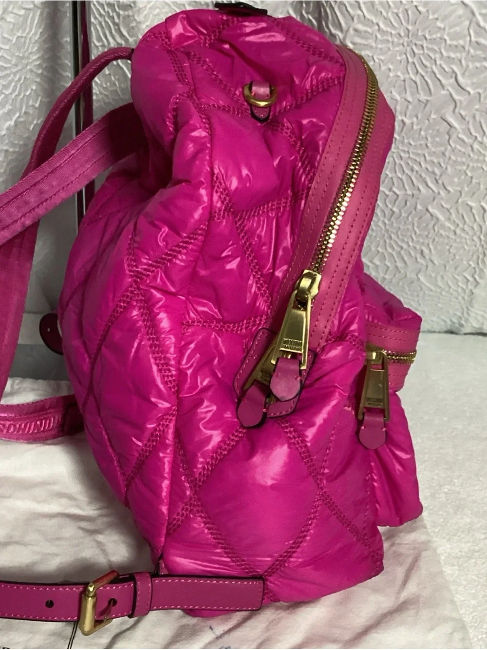 Moschino Quilted Hot Pink Large Nylon Backpack w/ Gold Studded Logo